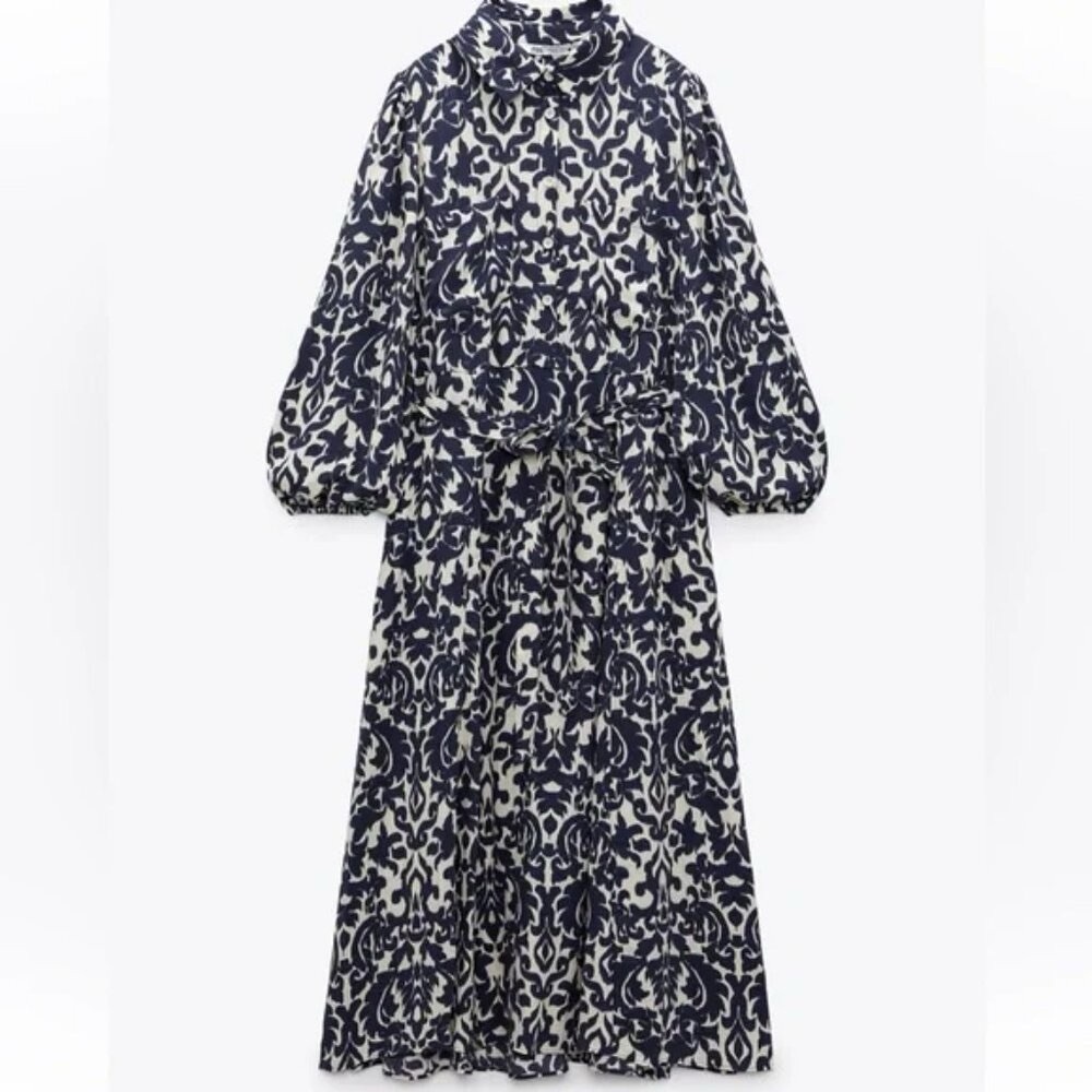 Zara Emilie Printed Midi Dress with belt, Medium